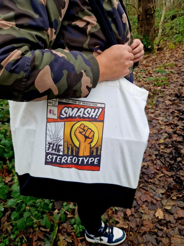 Smash the Stereotype Large Zipped Cotton Shoulder Bag - Black - Image 3